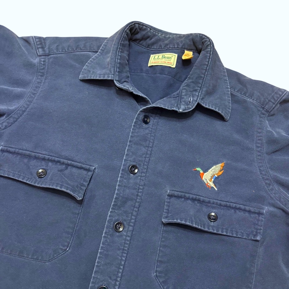 VTG LL Bean Shirt Mens Blue Chamois Cloth Made In USA 90s Duck Embroidered 14.5